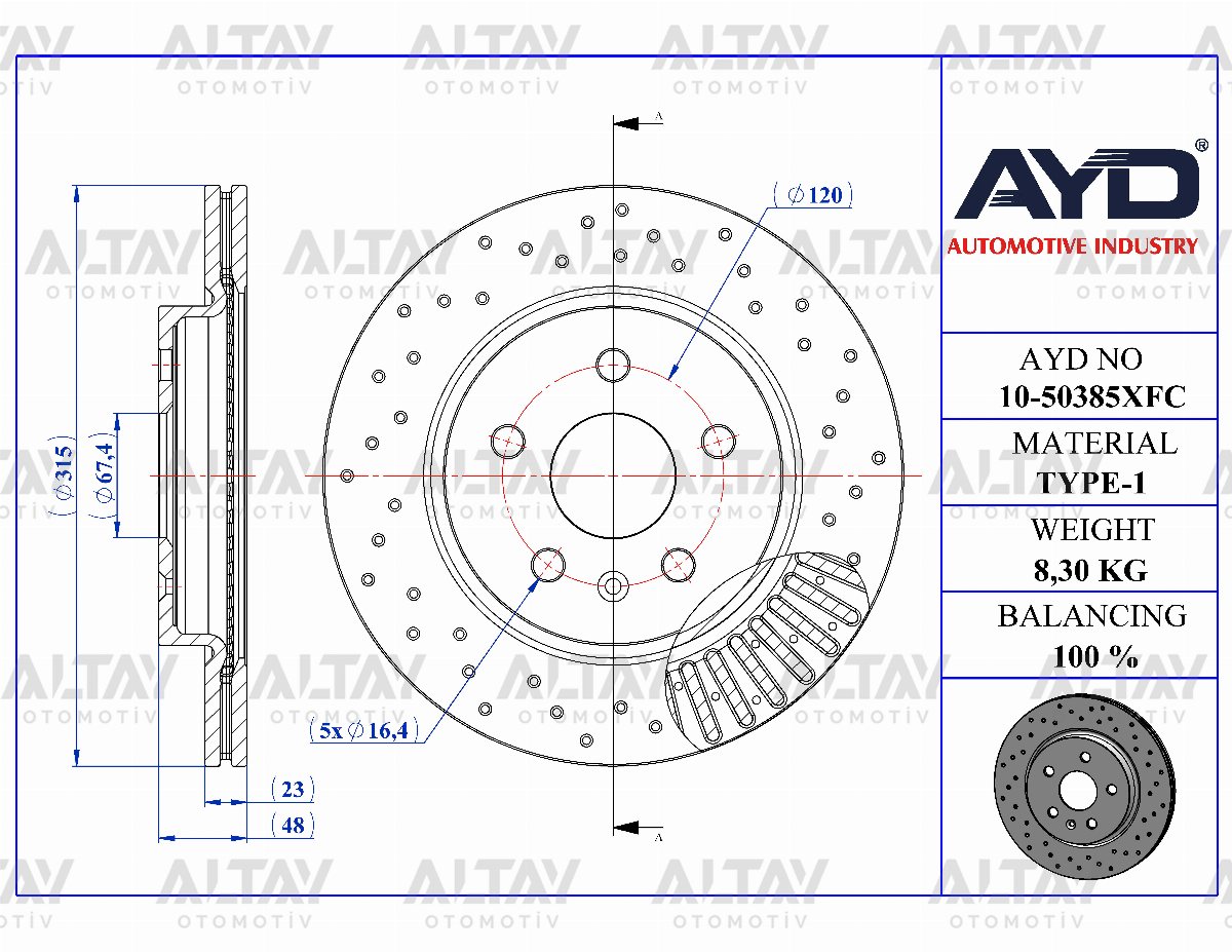 AYD 50385XFC — FREN DİSKİ INSIGNIA A 08-17 / ARKA HAVALI 17 JANT 315-5 (DELİKLİ PERFORMANS TİP)